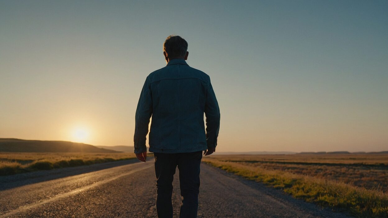 Man walking down lonely road at sunrise