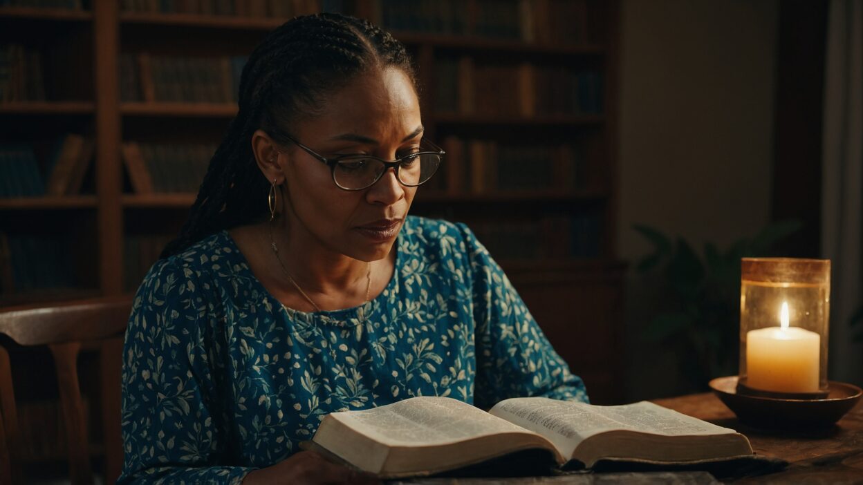 Woman studying the Bible in a library