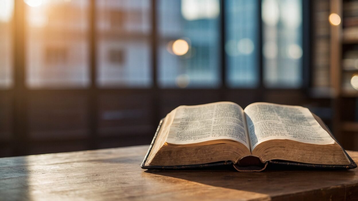 Open Bible on a wooden table in a sunlit room