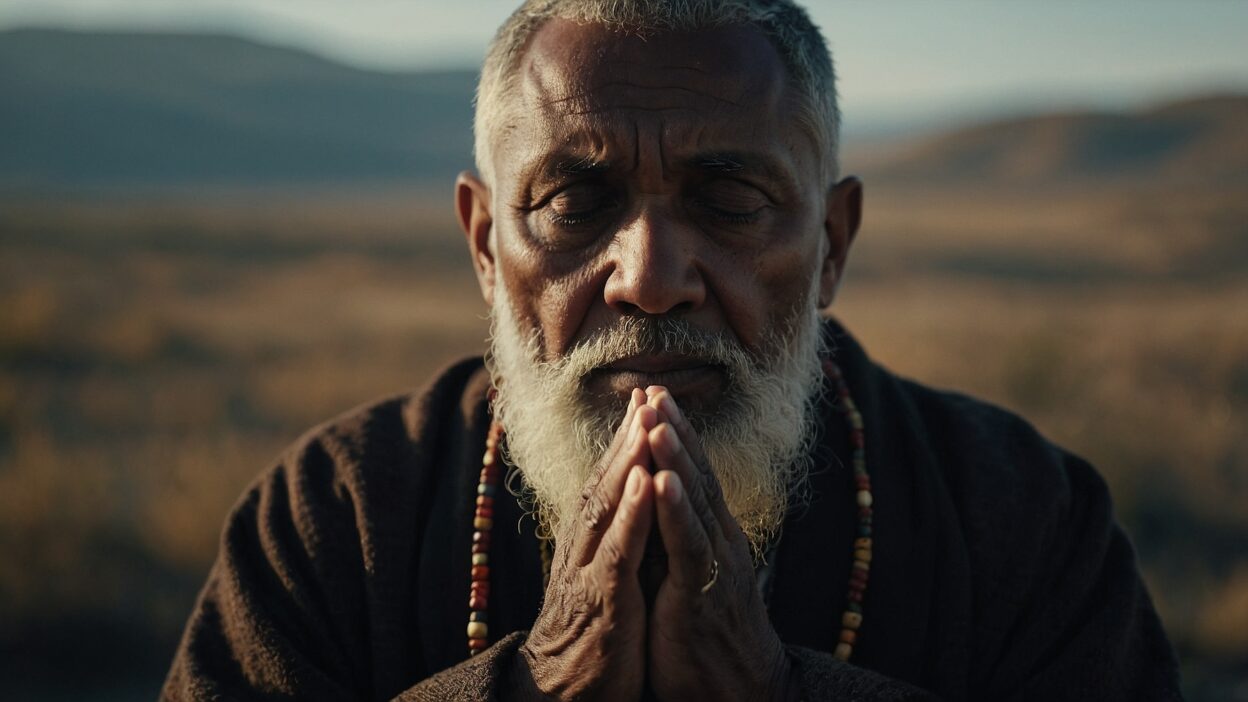 An old man praying with his eyes closed in a desert.