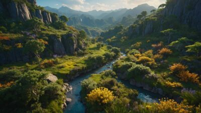 Vibrant, lush valley full of plant life with a river flowing through it.
