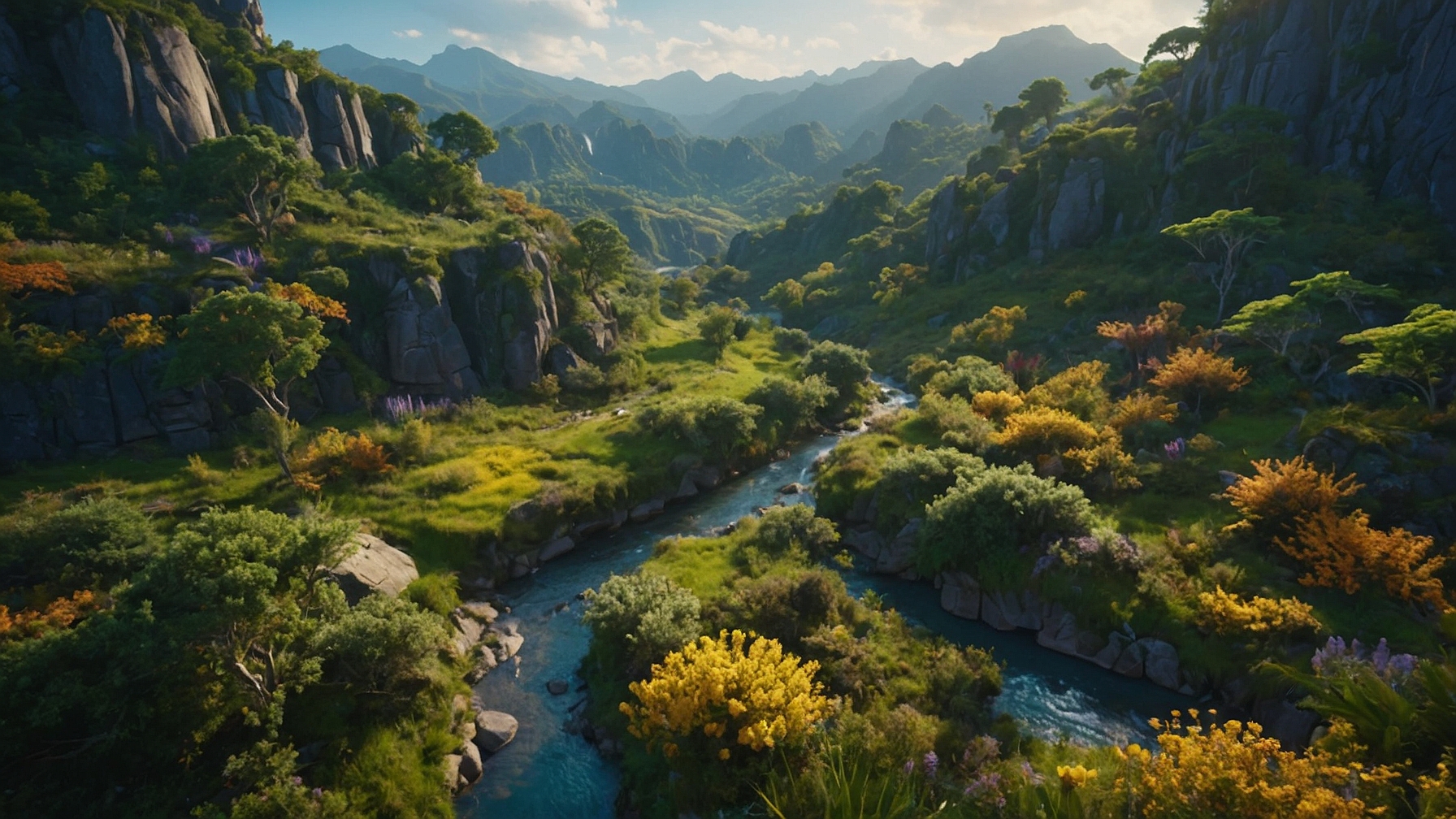 Vibrant, lush valley full of plant life with a river flowing through it.