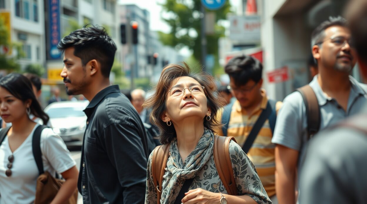 Candid street photography capturing a woman's spontaneous epiphany - she looks up into the sky as if enlightened.