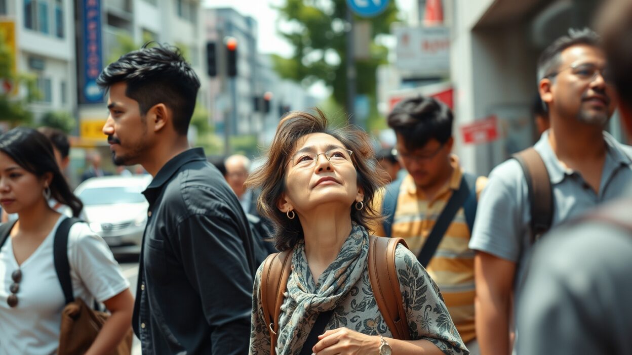 Candid street photography capturing a woman's spontaneous epiphany - she looks up into the sky as if enlightened.
