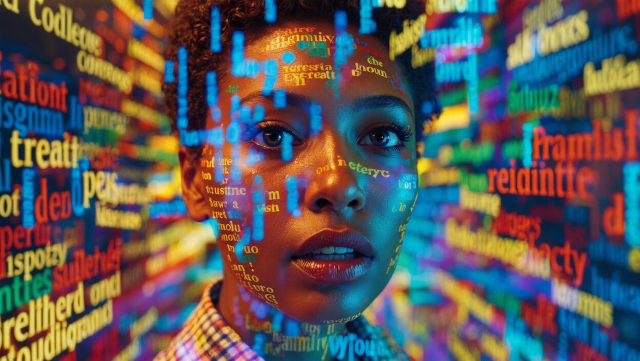 A beautiful woman with a short haircut surrounded by a rainbow of words