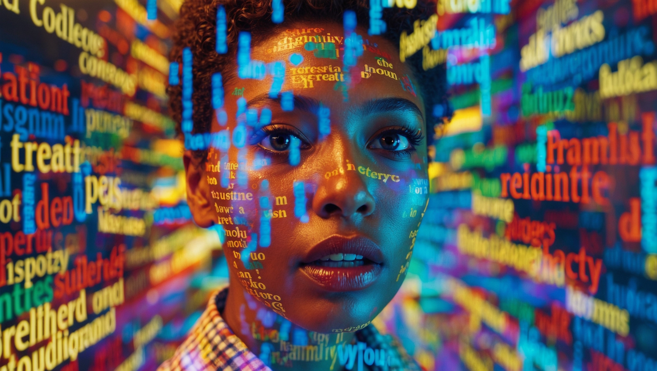 A beautiful woman with a short haircut surrounded by a rainbow of words