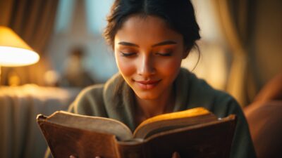 Young woman reading a Bible by lamplight