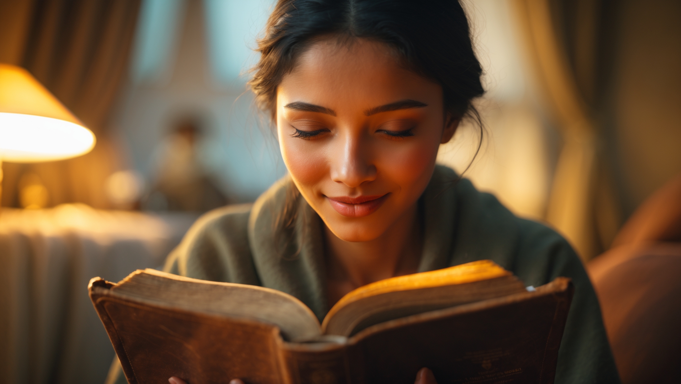 Young woman reading a Bible by lamplight