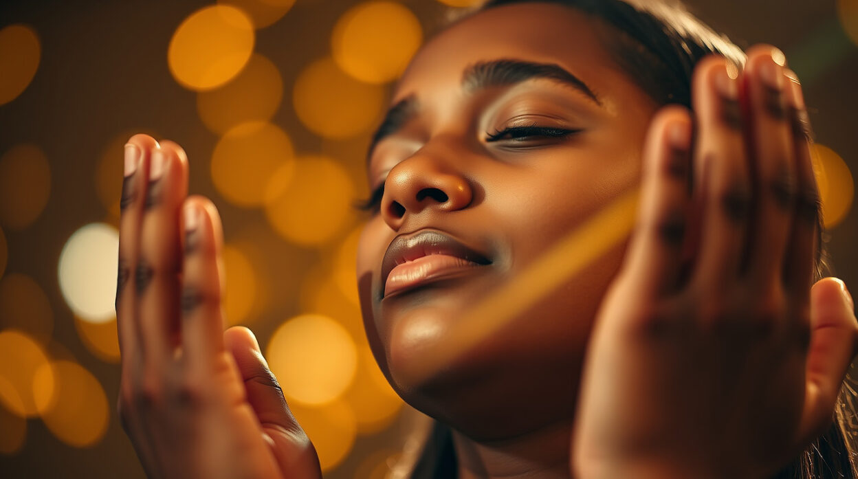 Young woman with hands lifted, giving thanks, in front of golden light bokeh